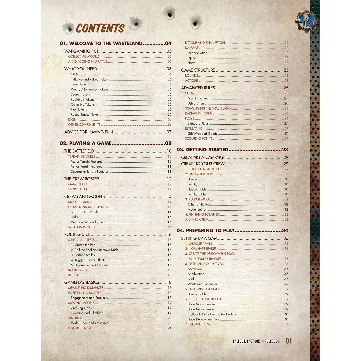 Fallout: Factions Core Rulebook showing table of contents page with beige background