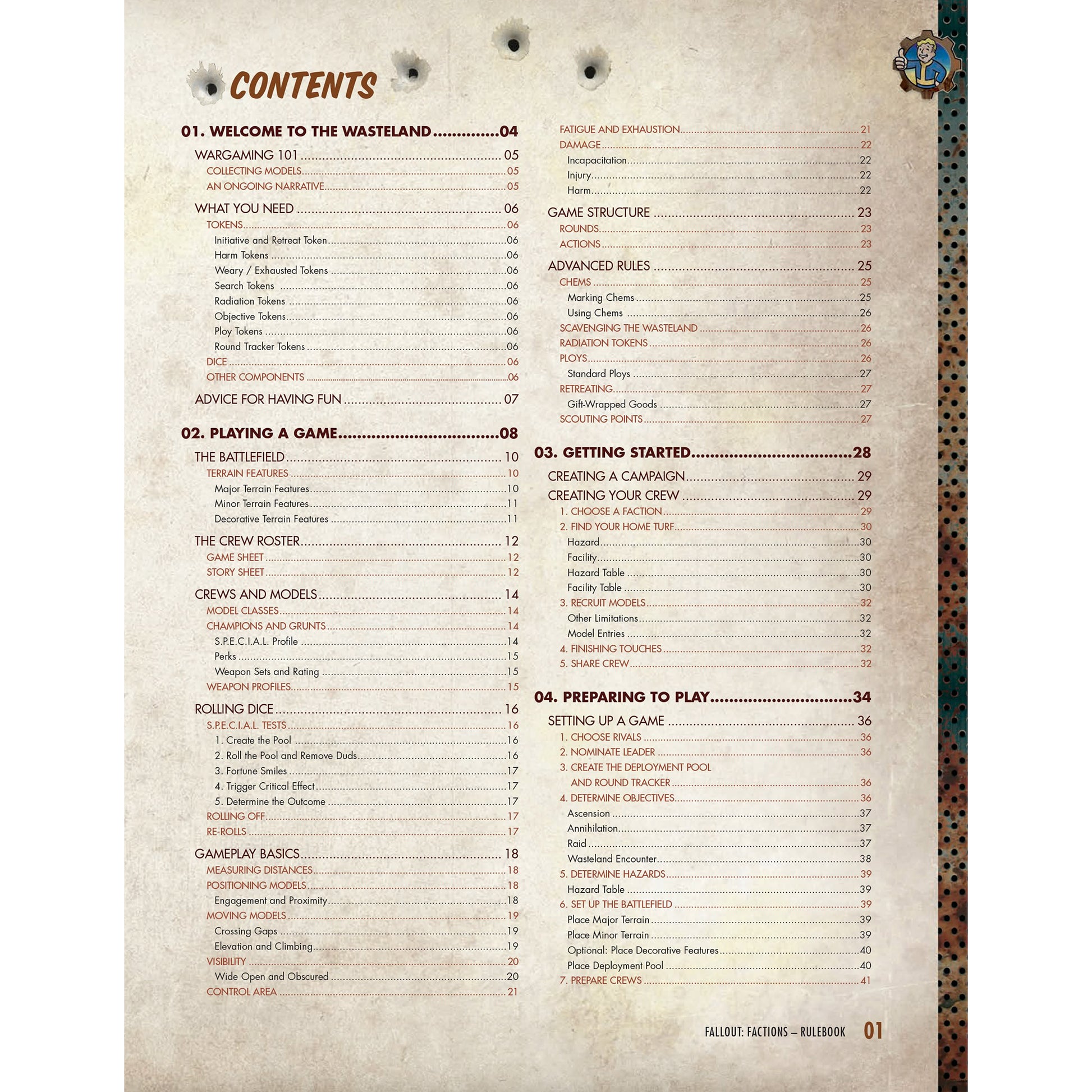 Fallout: Factions Core Rulebook showing table of contents page with beige background