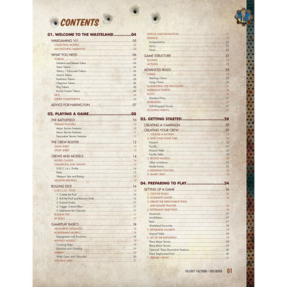 Fallout: Factions Core Rulebook showing table of contents page with beige background