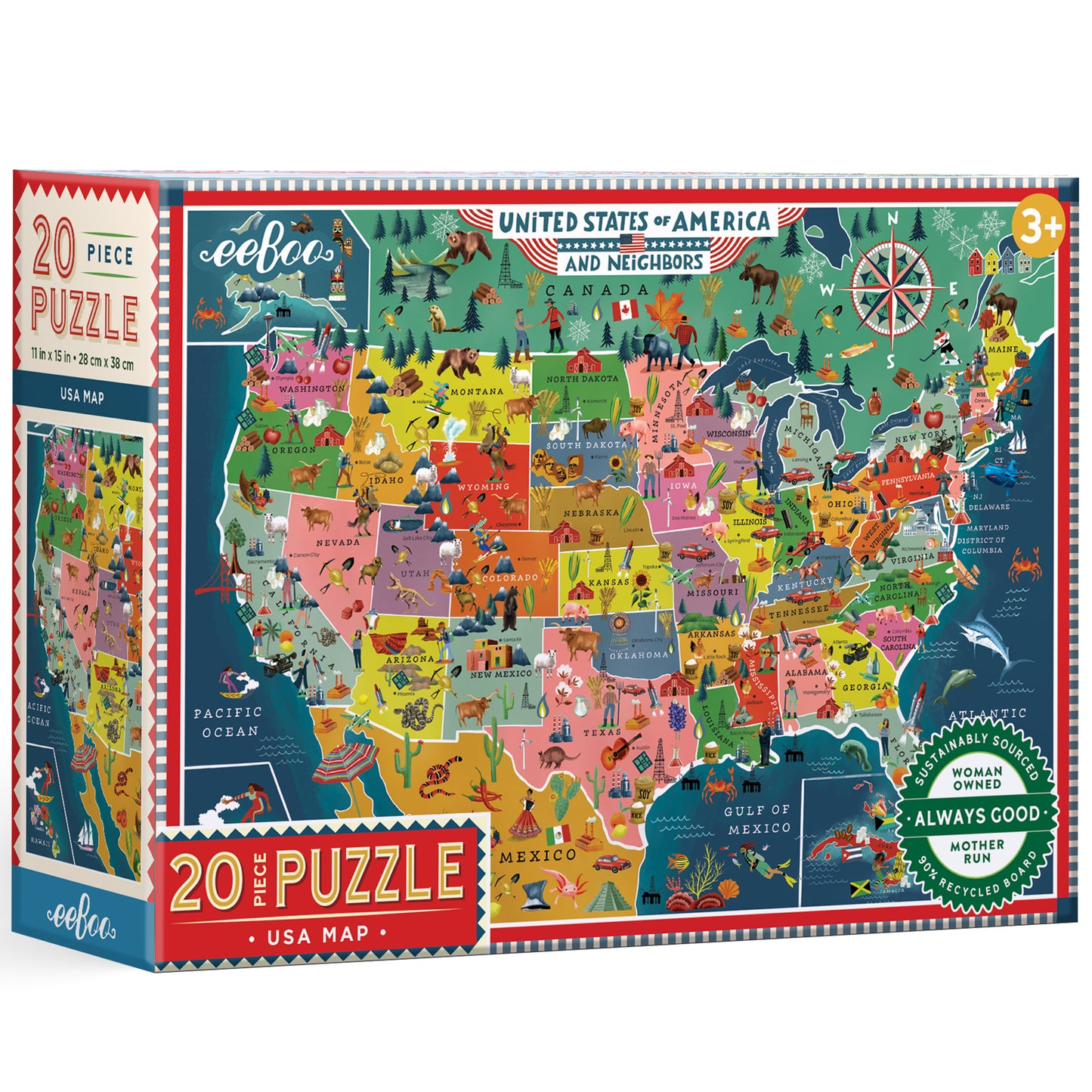 20 Piece USA Map Puzzle by eeBoo featuring colorful illustrated states and regions