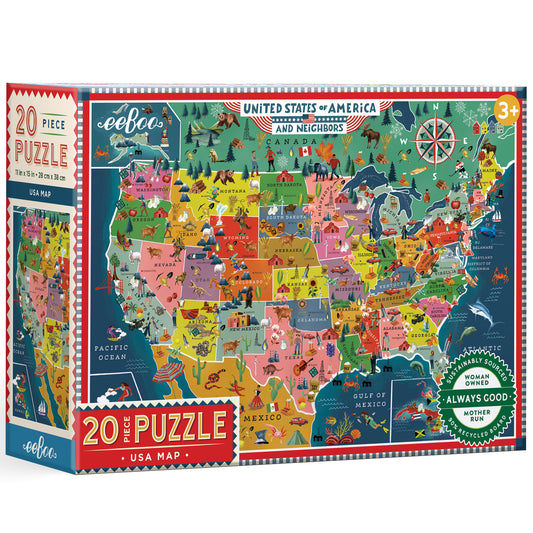 20 Piece USA Map Puzzle by eeBoo featuring colorful illustrated states and regions