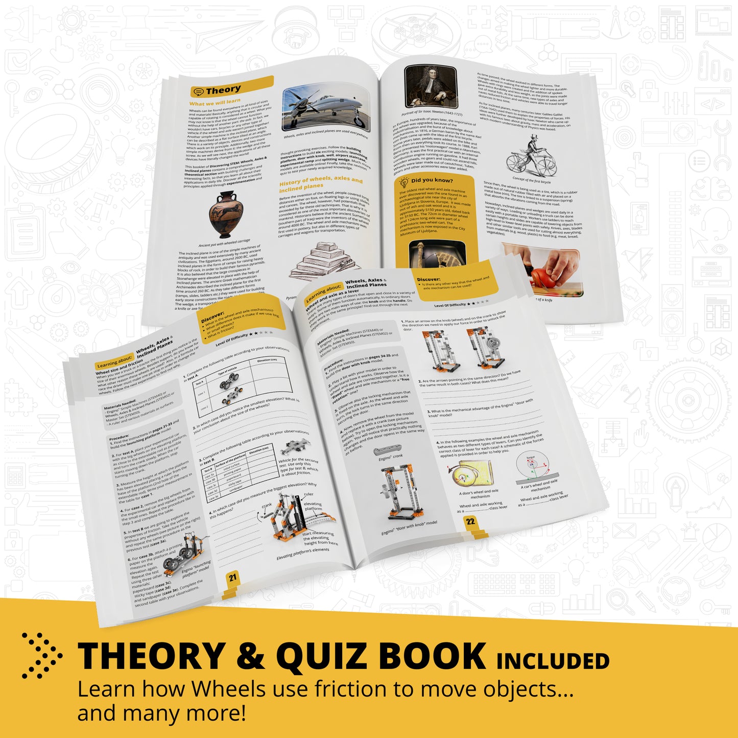 Engino Discovering STEM Mechanics building set with theory and quiz book showing wheels, axles and inclined planes mo...