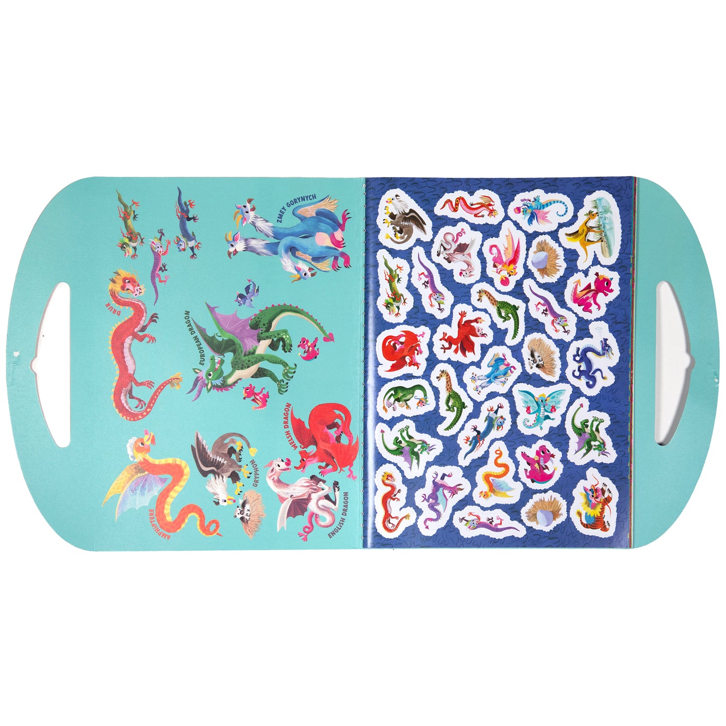 eeBoo Shiny Dragon Sticker Book with turquoise cover and over 200 colorful dragon stickers