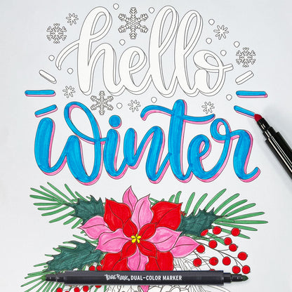 Marker Coloring Kit Cardinal with dual-color markers, snowflakes, poinsettia flowers, and holiday design