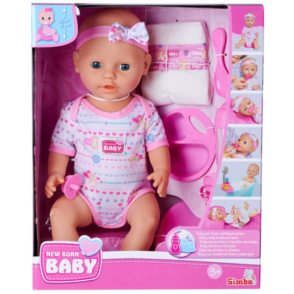 17-inch baby doll with blue eyes and pink bow headband, wearing pink heart-patterned onesie, shown with included accessories: bottle, diaper, hairbrush, plate,