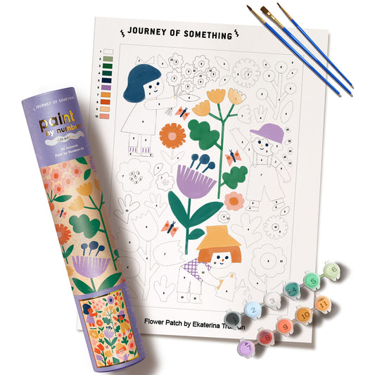 Journey of Something Paint By Numbers Flower Patch kids art set with numbered sections, paintbrushes, and color palette