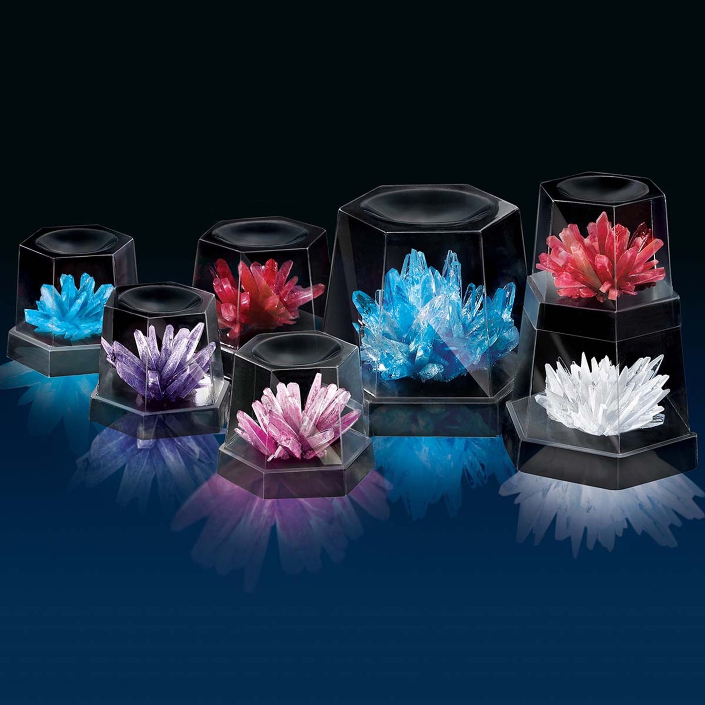 4M Crystal Growing Kit with 7 colorful crystals in blue, purple, pink, red and white displayed in black hexagonal cases