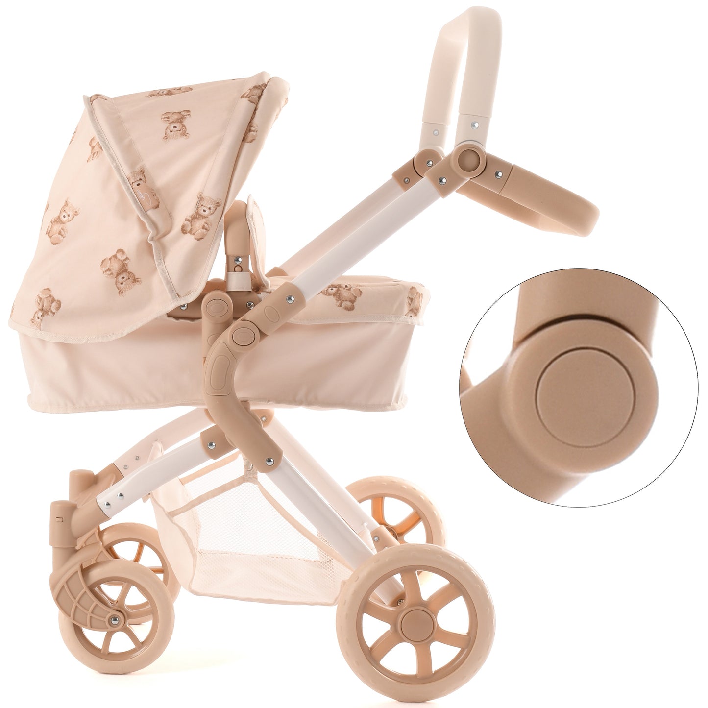 Roma Teddy Single Doll Pram in beige with teddy bear pattern and wheels