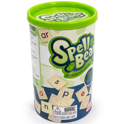 Spell the Beans educational toy with green lid and letter tiles for learning words