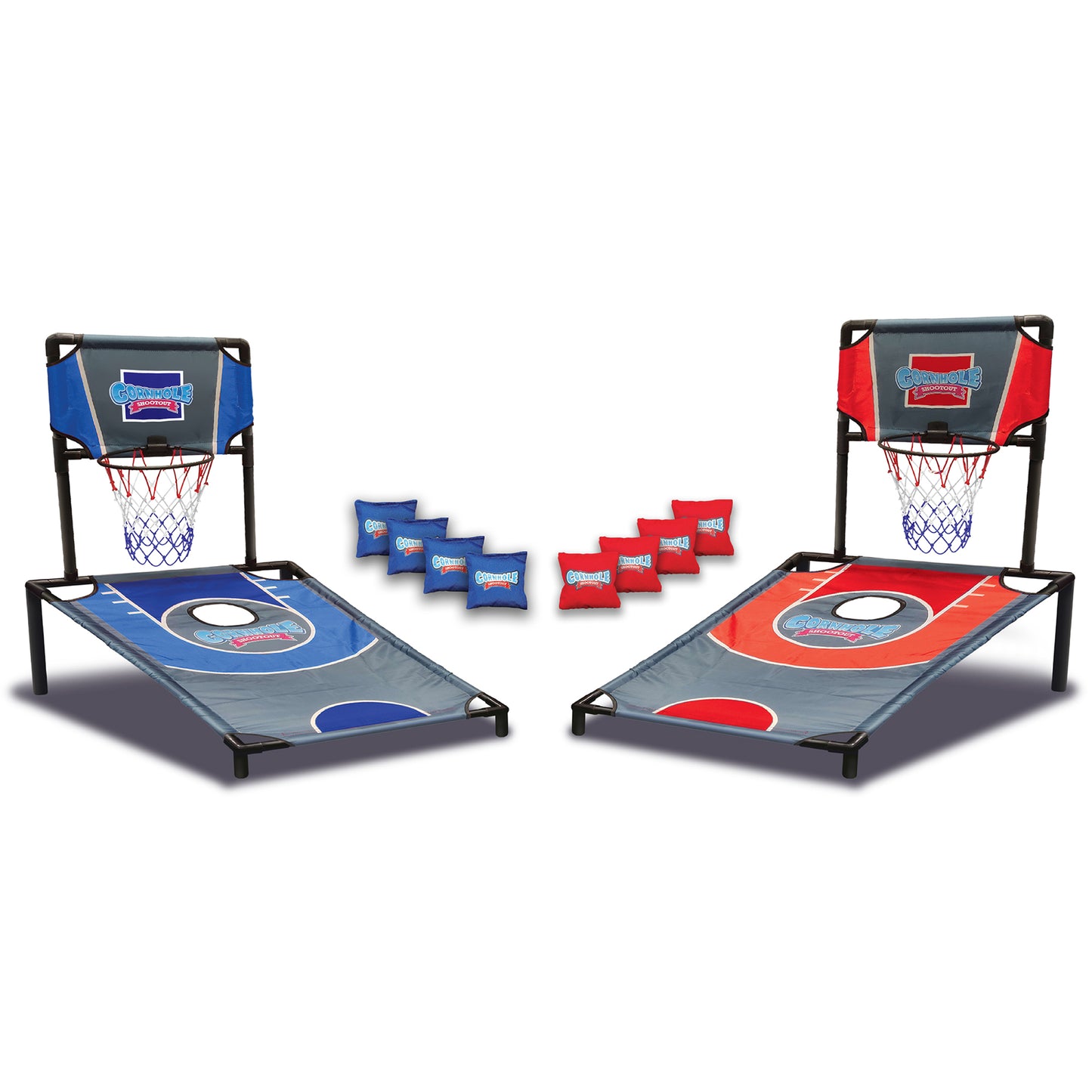 Two-in-one cornhole and basketball game set with blue and red boards, basketball hoops, and bean bags on plain background