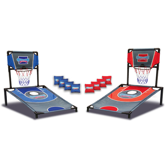 Two-in-one cornhole and basketball game set with blue and red boards, basketball hoops, and bean bags on plain background