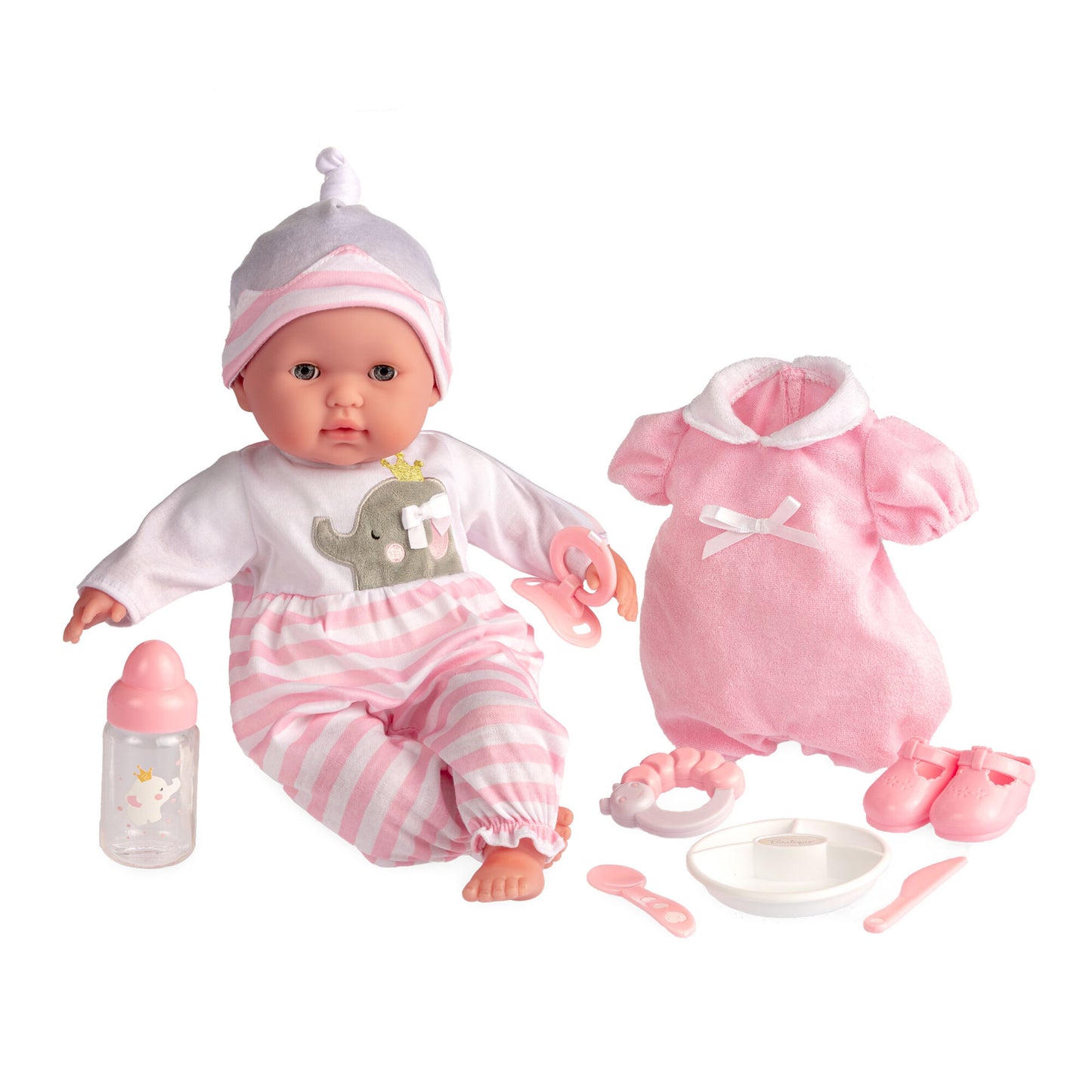 JC Toys Nonis Boutique 15" pink baby doll with open/close eyes, outfit, accessories and extra clothing set