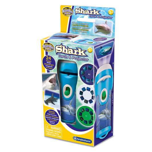 Brainstorm Toys Shark Torch & Projector in blue and white with purple projection discs, includes 24 shark images, for ages 3+