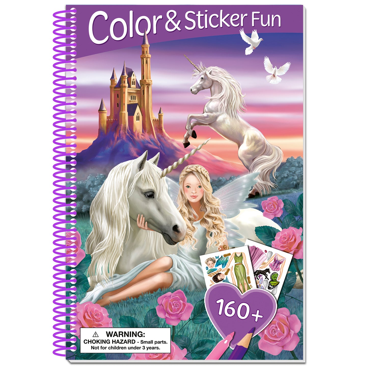 Color & Sticker Fun spiral book with fairy, unicorns, castle, 160+ stickers