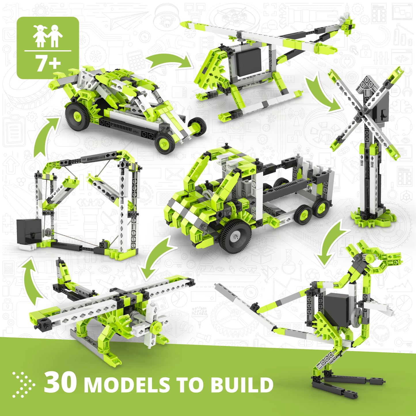 Engino Creative Builder 30-in-1 motorized construction set with green and gray building blocks showing multiple vehic...