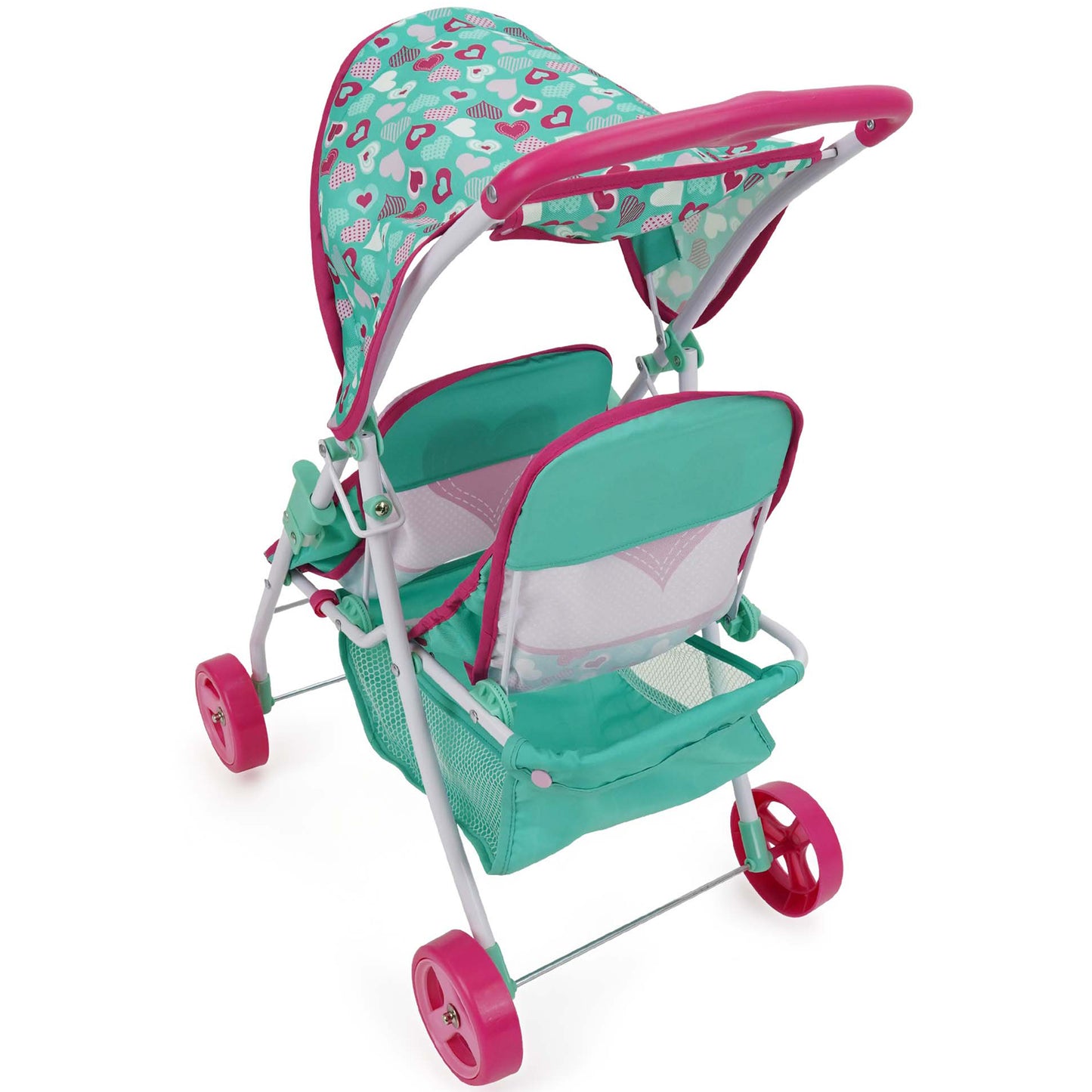 509 Crew Mint Heart Tandem Twin Doll Stroller with turquoise and pink design