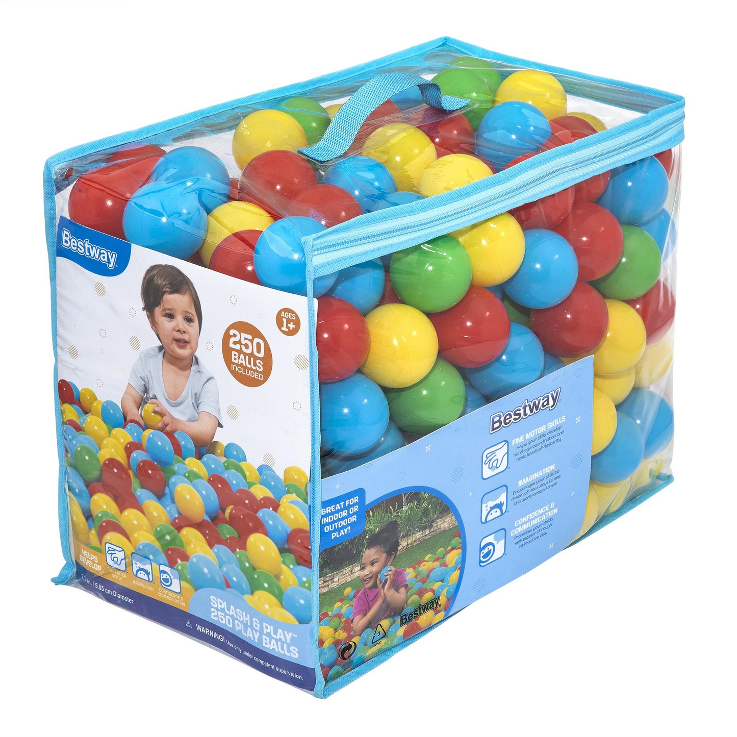 Bestway Splash & Play 250 colorful toy balls set in blue storage container with red, yellow, blue, and green balls visible