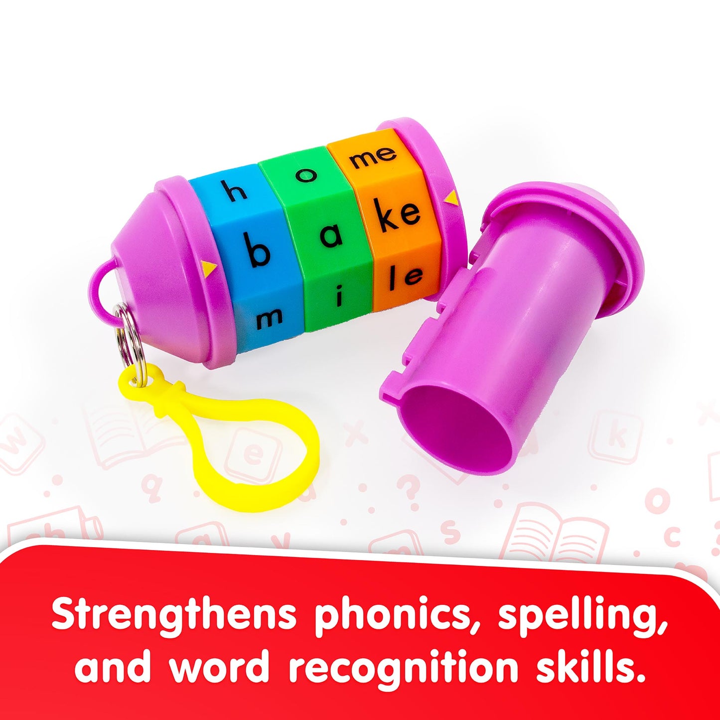 Junior Learning Spidget Word Tumbler Magic E colorful phonics spelling fidget toy with pink caps