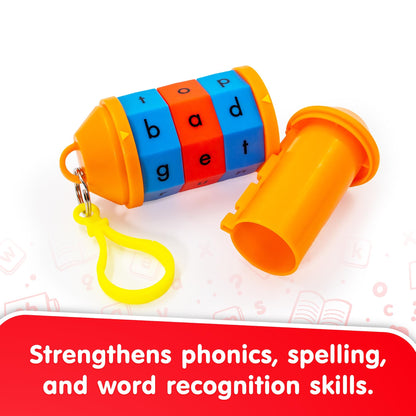 Junior Learning Spidget Word Tumbler phonics toy with colorful rotating bands showing letters in blue, red, and orange
