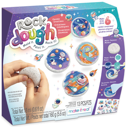 Rock Dough Cosmic Creations craft kit with colorful space-themed painted rocks and molding clay
