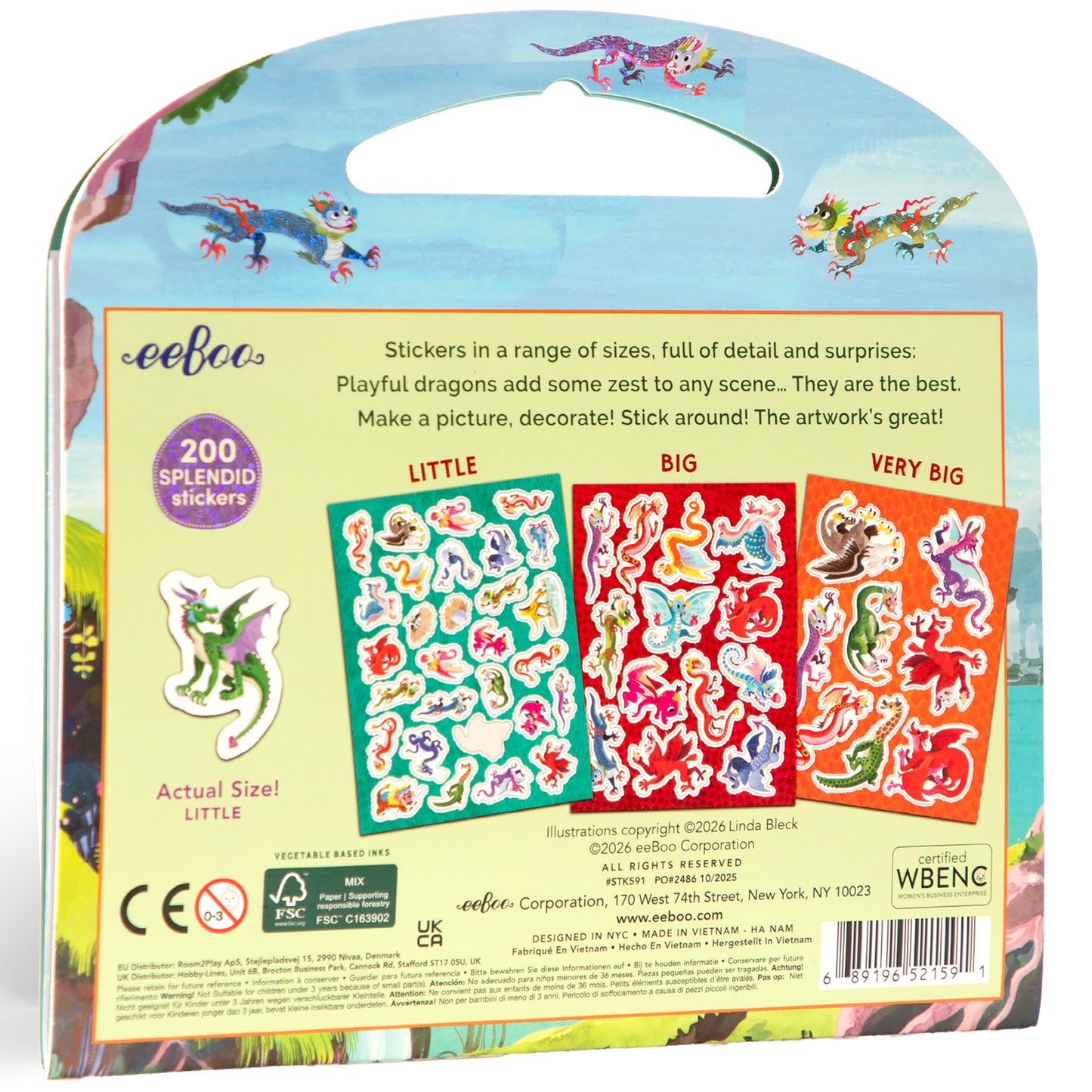 eeBoo Shiny Dragon Sticker Book with 200+ colorful dragon stickers in little, big, and very big sizes