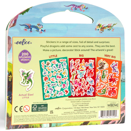 eeBoo Shiny Dragon Sticker Book with 200+ colorful dragon stickers in little, big, and very big sizes