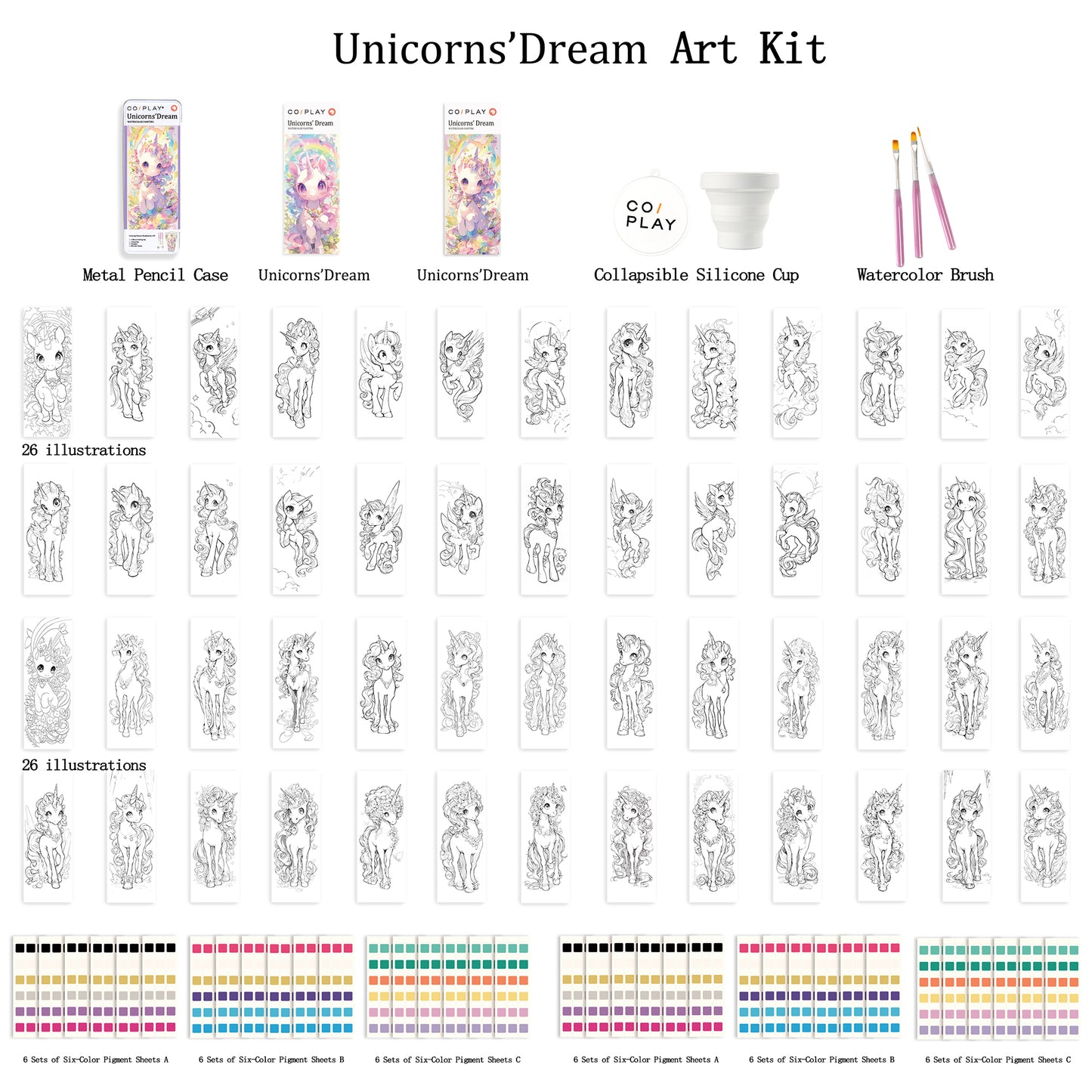 COIPLAY Unicorns Dream Watercolor Art Kit with 26 coloring illustrations, brushes, and colorful paint sets