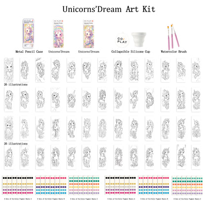 COIPLAY Unicorns Dream Watercolor Art Kit with 26 coloring illustrations, brushes, and colorful paint sets