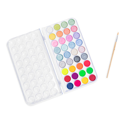 Essential Watercolor Paint Set with 48 neon and metallic colors, palette, and brush