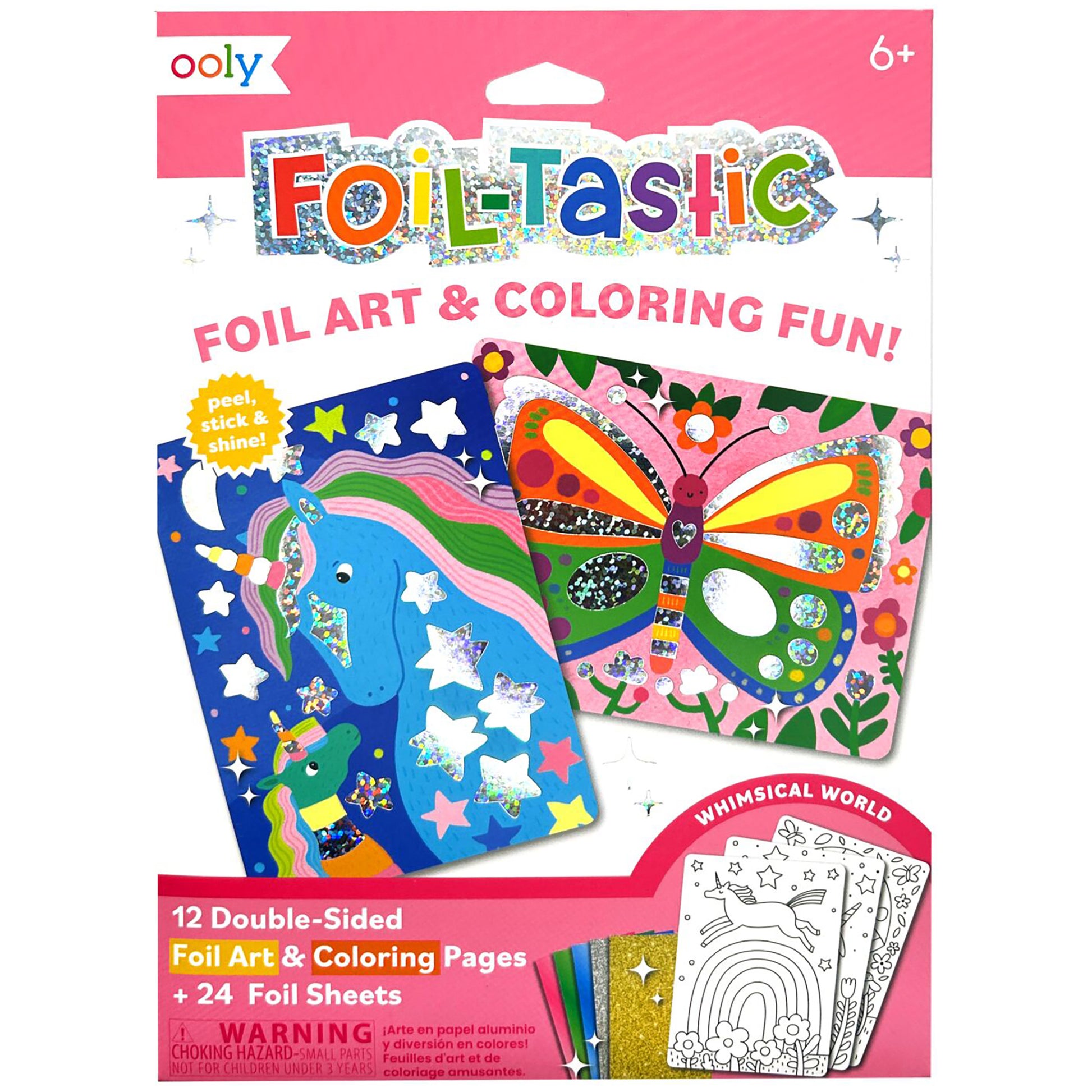 Ooly Foil-tastic foil art and coloring set package showing colorful double-sided pages with star and butterfly designs, plus 24 foil sheets, for ages 6+