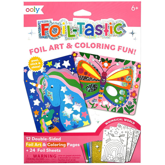 Ooly Foil-tastic foil art and coloring set package showing colorful double-sided pages with star and butterfly designs, plus 24 foil sheets, for ages 6+