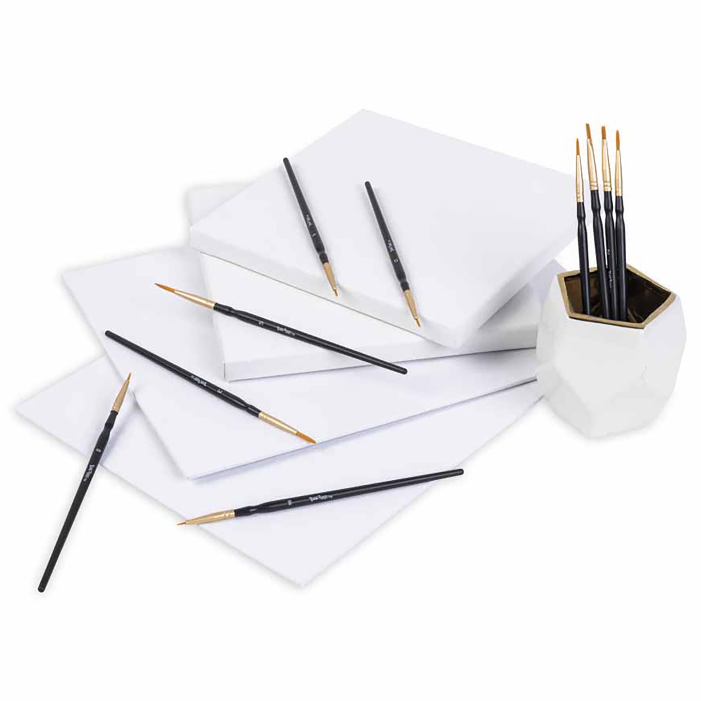 Brush Set: Detailed Pack - 10pc with black handles, gold bristles, and white storage holder