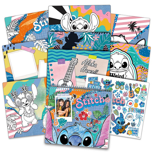 Disney Stitch color and collage craft kit showing multiple colorful poster pages with Stitch character designs, blank areas for coloring, Hawaiian themes, and a