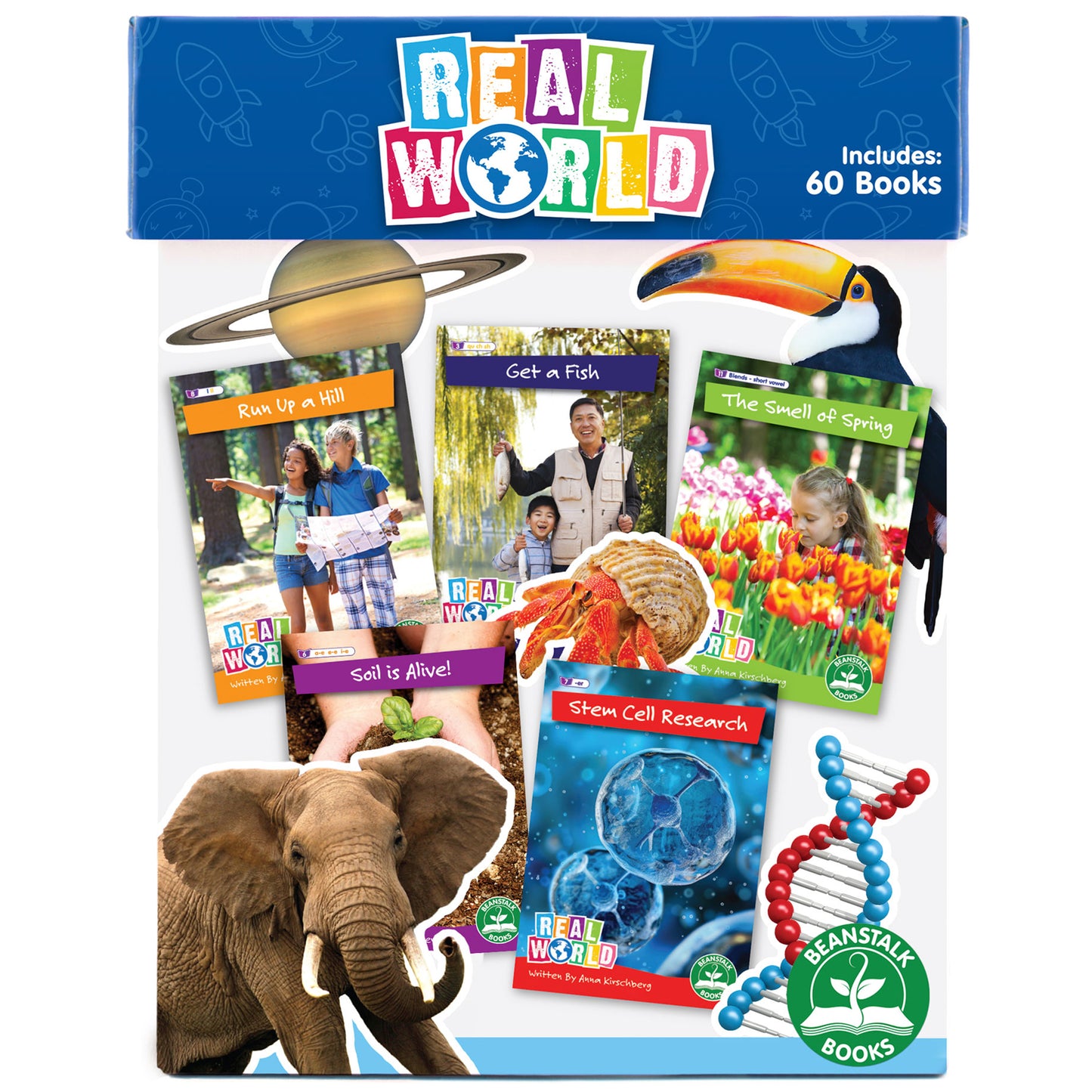 Real World 60-Book Non-Fiction Hi-Lo Decodables Set box displaying sample book covers including Run Up a Hill, Get a Fish, The Smell of Spring, Soil is Alive, a