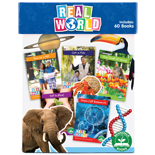 Real World 60-Book Non-Fiction Hi-Lo Decodables Set box displaying sample book covers including Run Up a Hill, Get a Fish, The Smell of Spring, Soil is Alive, a