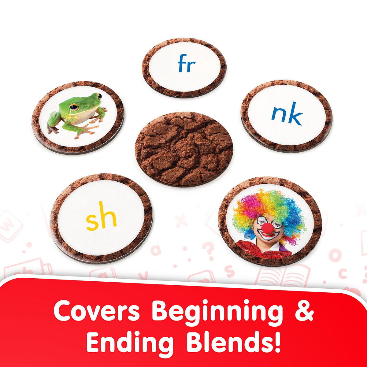 Snacks Blend educational toy with chocolate cookies showing beginning and ending blends: frog, fr, nk, sh, and clown