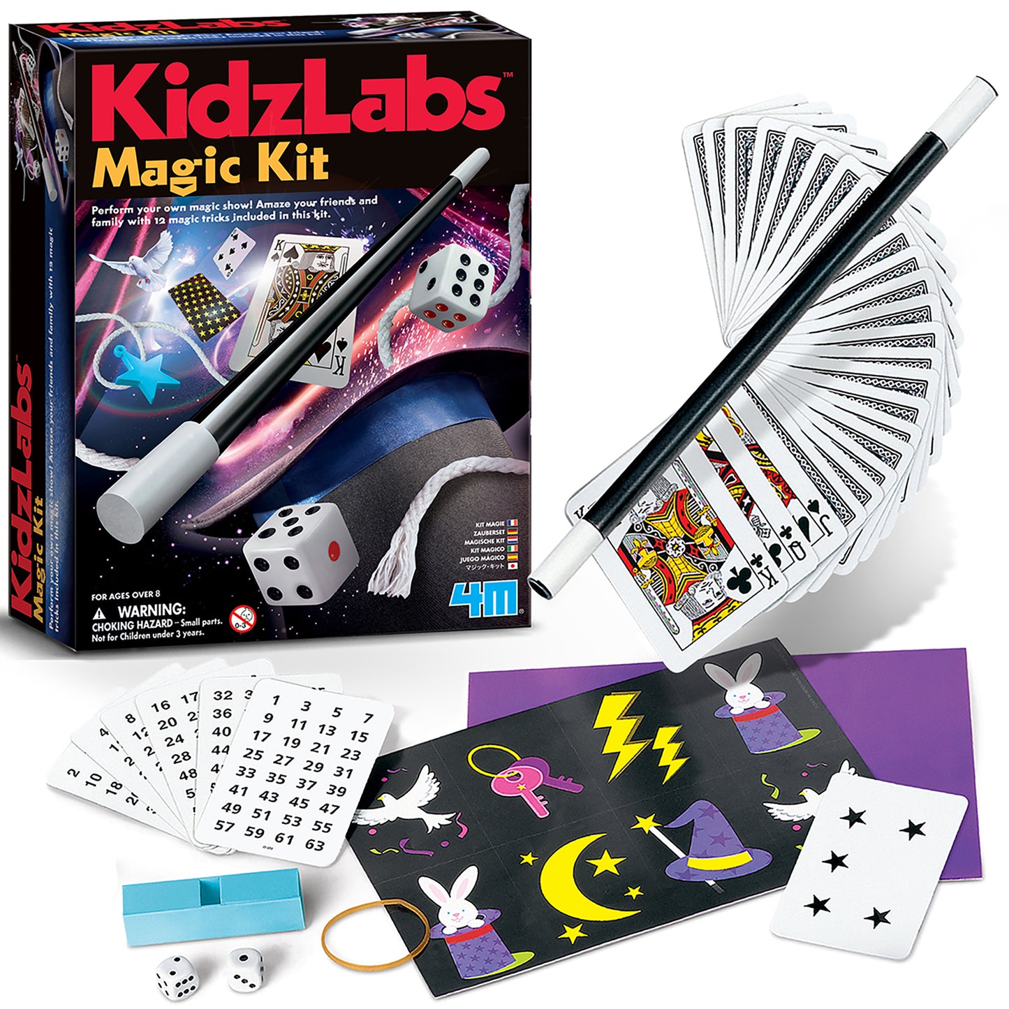 KidzLabs Magic Kit box and contents including wand, playing cards, dice, instruction cards with numbers, magic mat with rabbit and stars, and accessories
