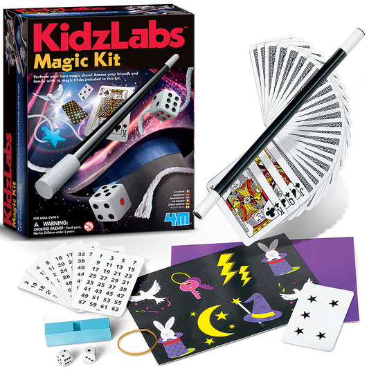 KidzLabs Magic Kit box and contents including wand, playing cards, dice, instruction cards with numbers, magic mat with rabbit and stars, and accessories