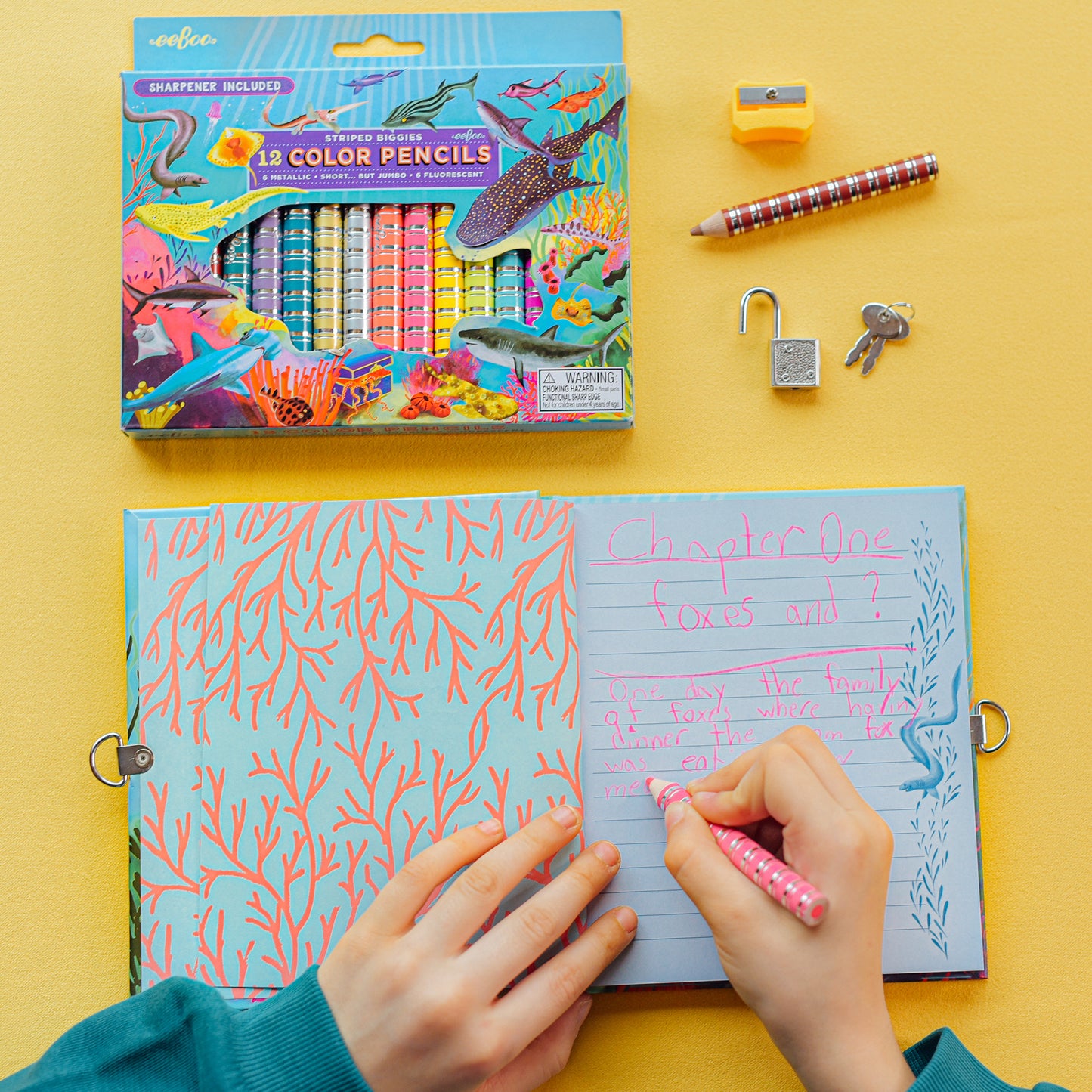 Biggies Shark Striped 12-Color Pencils set with sharpener, displayed with diary and accessories