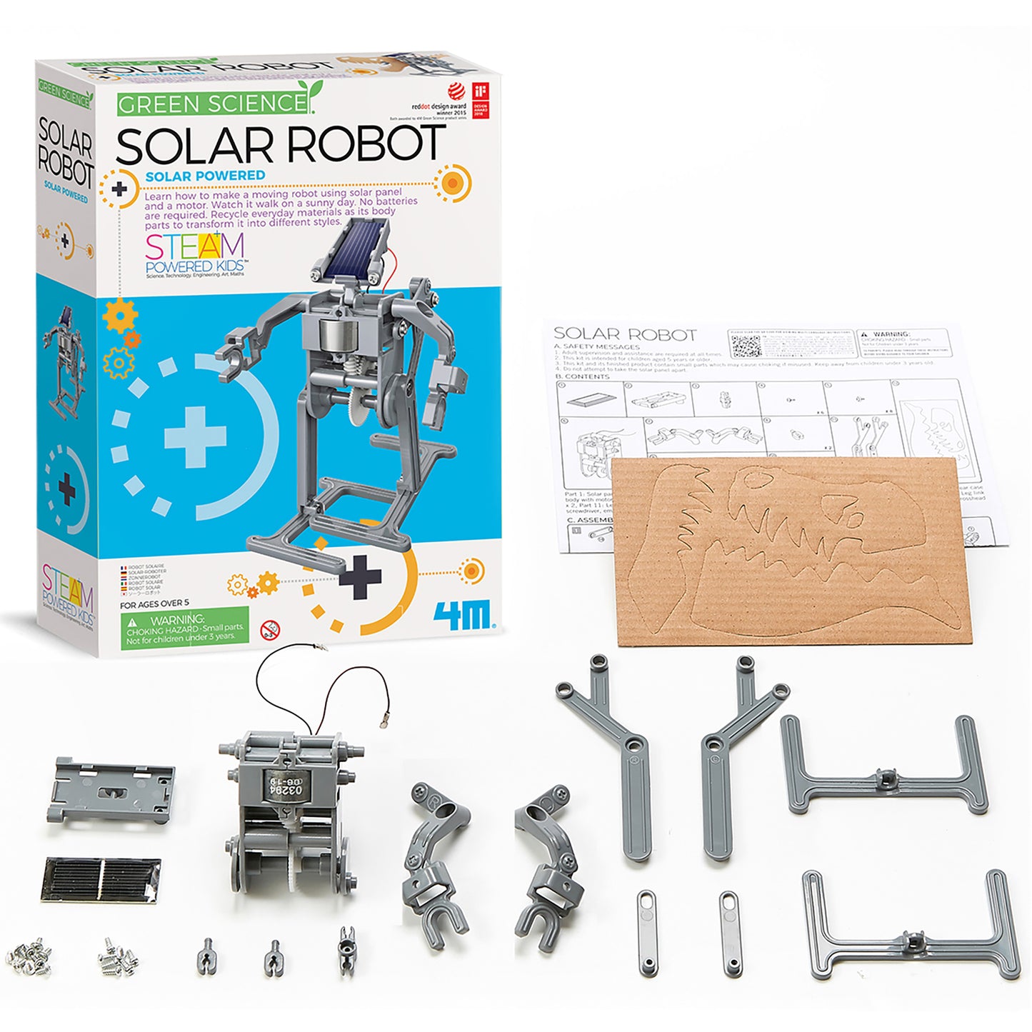 Green Science Solar Robot kit with solar panel, metal parts, and instruction manual displayed