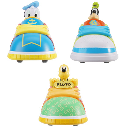 Disney Jr Kicks Pull-Back Vehicles 3-pack with Donald Duck, Goofy, and Pluto shoe-shaped friction toy cars