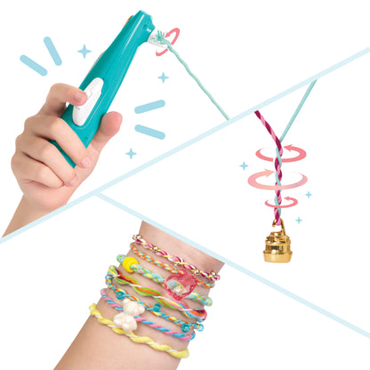 Quick Twist Bracelet Maker turquoise device with colorful beaded bracelets and gold charm