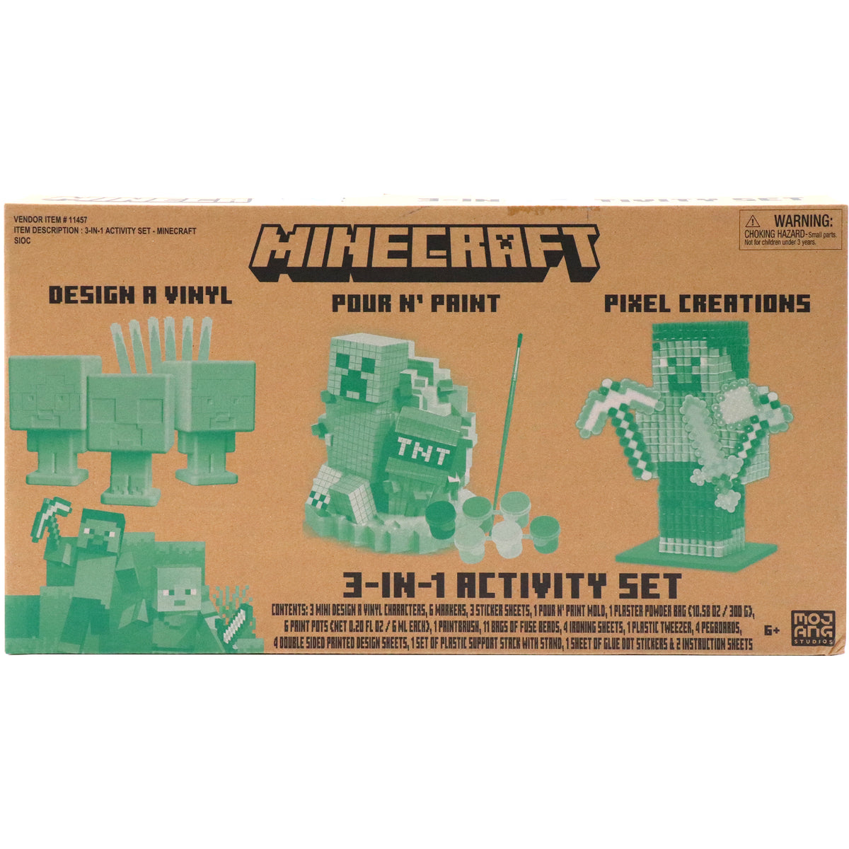 Minecraft 3-In-1 Activity Set with design a vinyl characters, pour n' paint mold, and pixel creations in green
