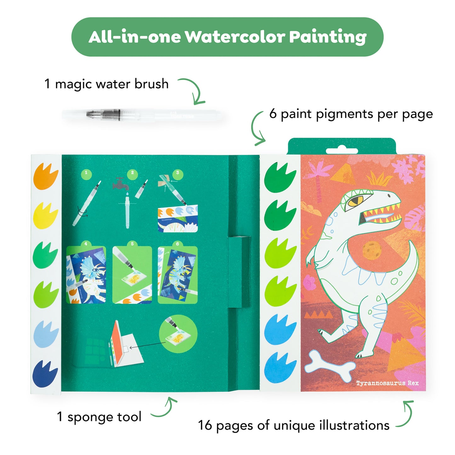 Tiger Tribe All-in-One Watercolor Painting set with magic water brush, sponge tool, and 16 dinosaur illustration pages