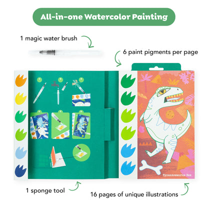 Tiger Tribe All-in-One Watercolor Painting set with magic water brush, sponge tool, and 16 dinosaur illustration pages