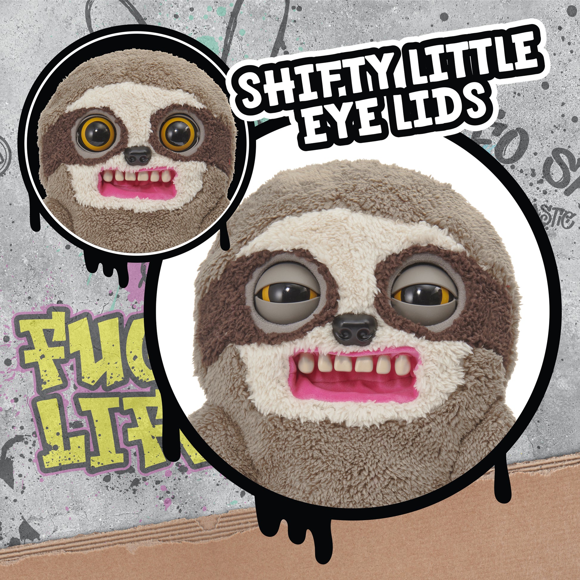 Fugglers Sickening Sloth plush toy with shifty eyelids, brown and cream fur, pink mouth