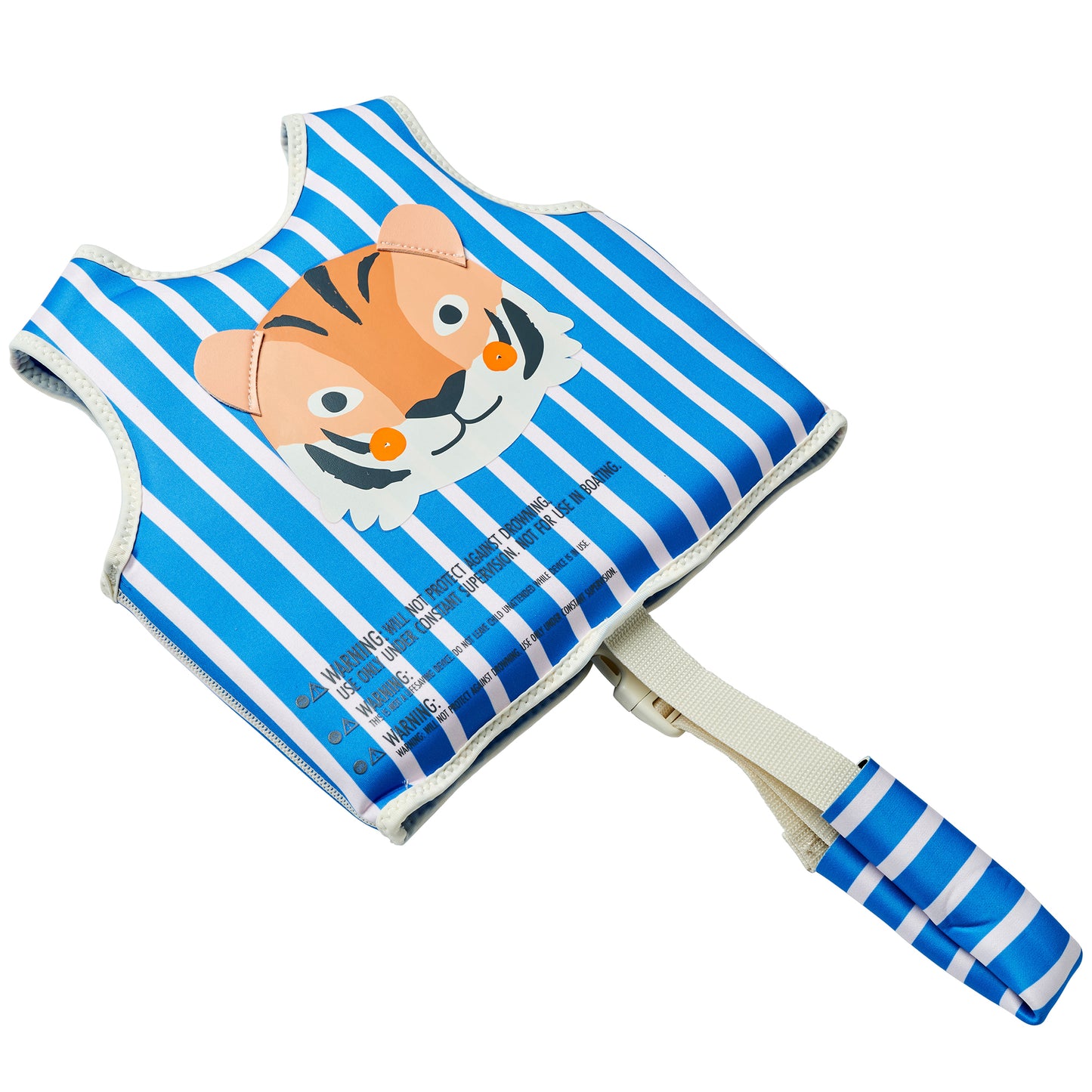Sunnylife Tino The Tiger Float Vest with blue and white stripes and adjustable safety strap