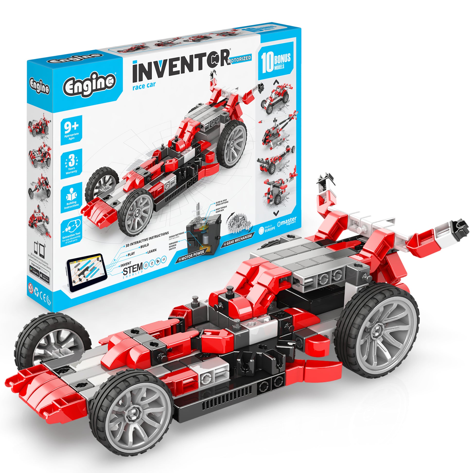 Engino Inventor Motorized Race Car 10-in-1 red building set with wheels and motor