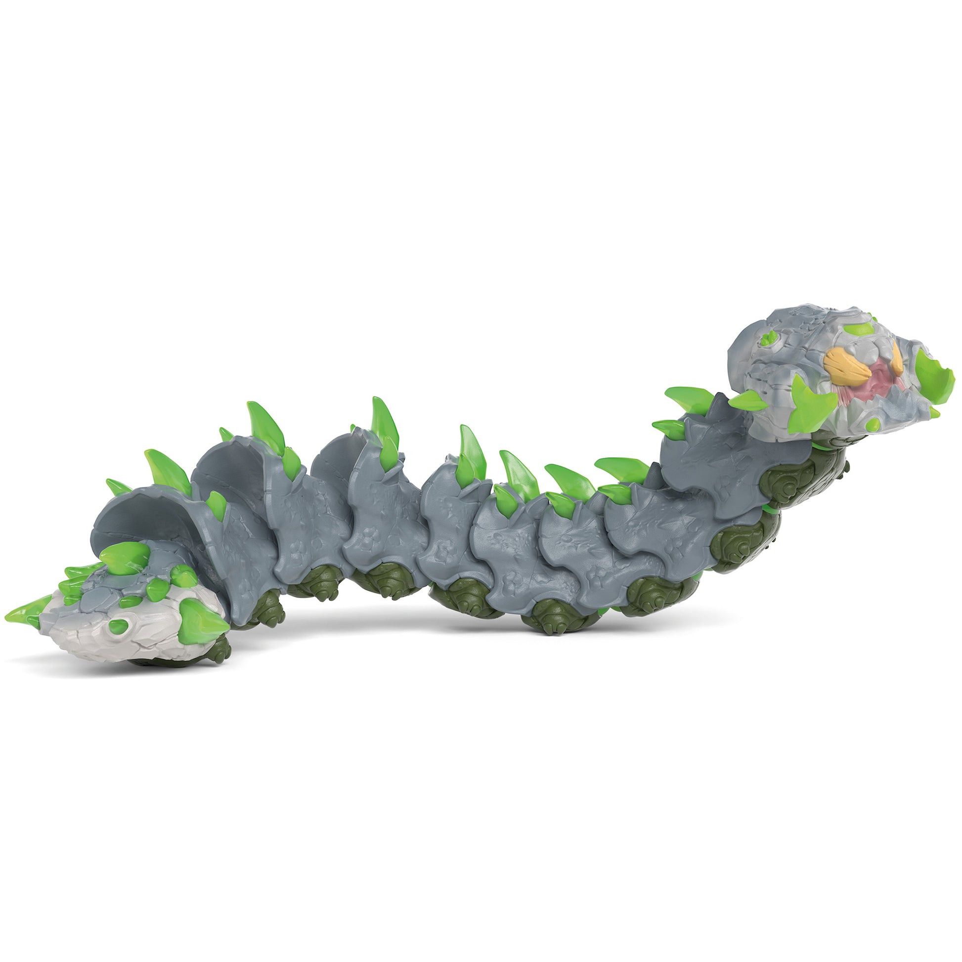 Eldrador Creatures Stone Worm toy with gray segmented body, green leaf-like spikes, and detailed head