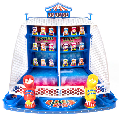 Down the Clown retro arcade game with blue carnival top, dual ball launchers, and LED score display